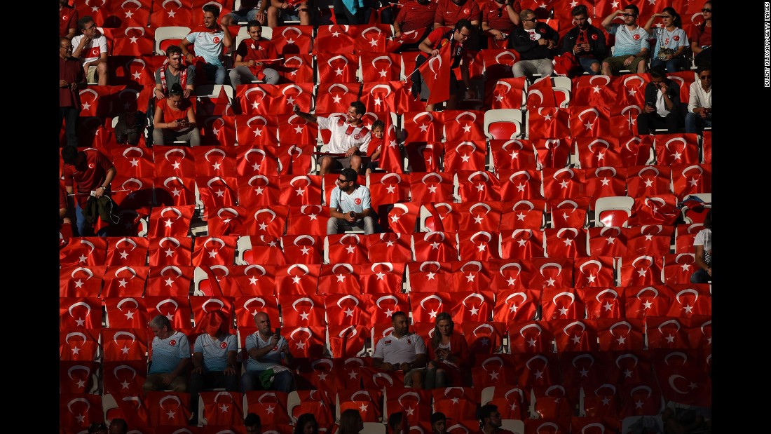Turkish flags are seen in a section of the Allianz Riviera Stadium.