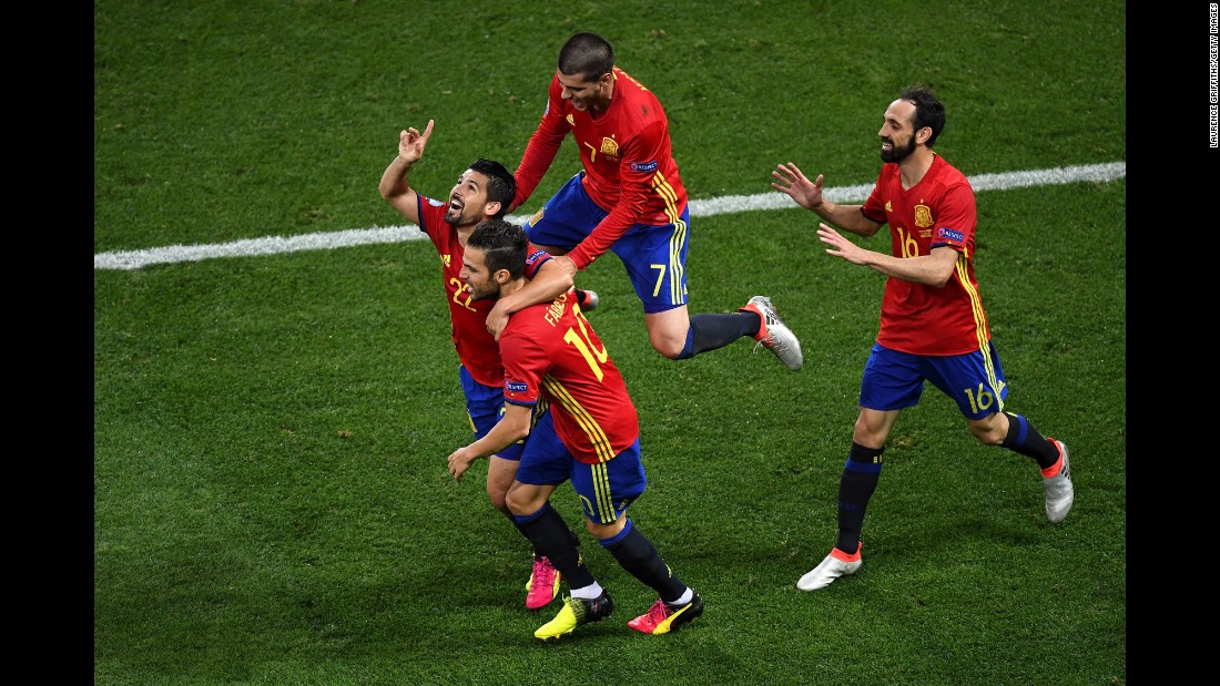 Nolito, far left, celebrates with teammates after his goal in the first half. It came just a few minutes after Morata&#39;s opening goal.