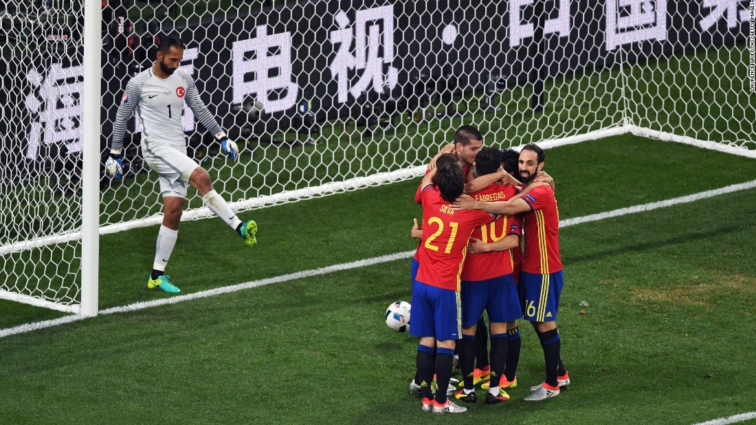 Spanish players celebrate after Alvaro Morata&#39;s second goal gave them a 3-0 lead over Turkey on Friday, June 17. Spain cruised to victory and clinched a spot in the tournament&#39;s knockout stage.