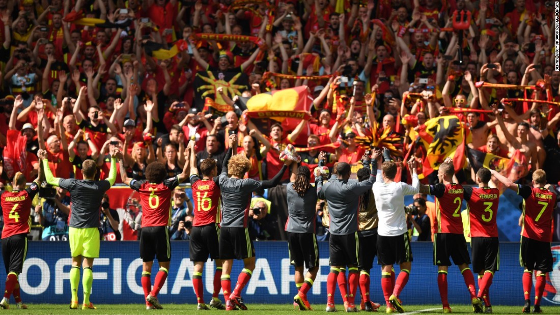 Belgium celebrates with fans after their 3-0 victory over Republic of Ireland at Stade Matmut Atlantique on Saturday, June 18,  in Bordeaux, France. 