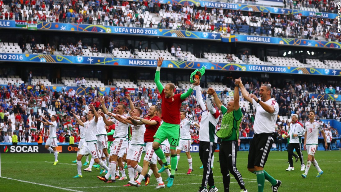 Hungary players celebrate after the full time whistle of their 1-1 draw against Iceland at Stade Velodrome on Saturday, June 18  in Marseille, France. 