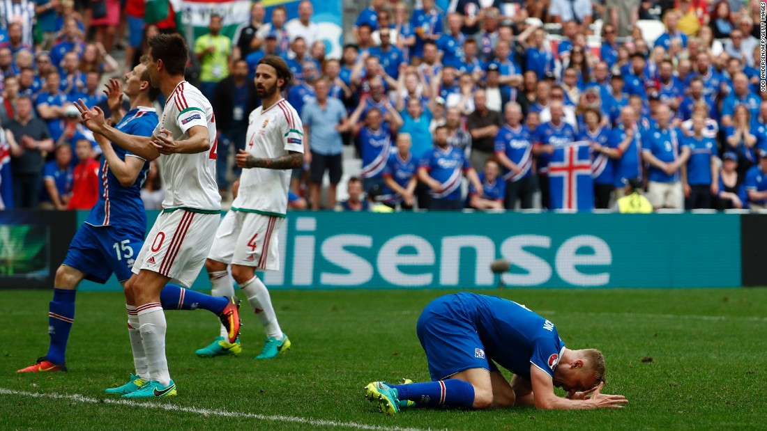 Iceland forward Kolbeinn Sigthorsson reacts after missing a goal opportunity.