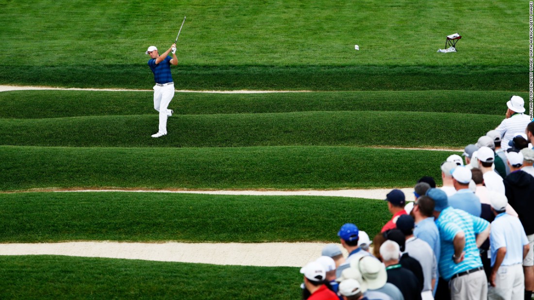 Jordan Spieth of the United States plays a shot from the Church Pews on the 15th hole during the first round on June 16.