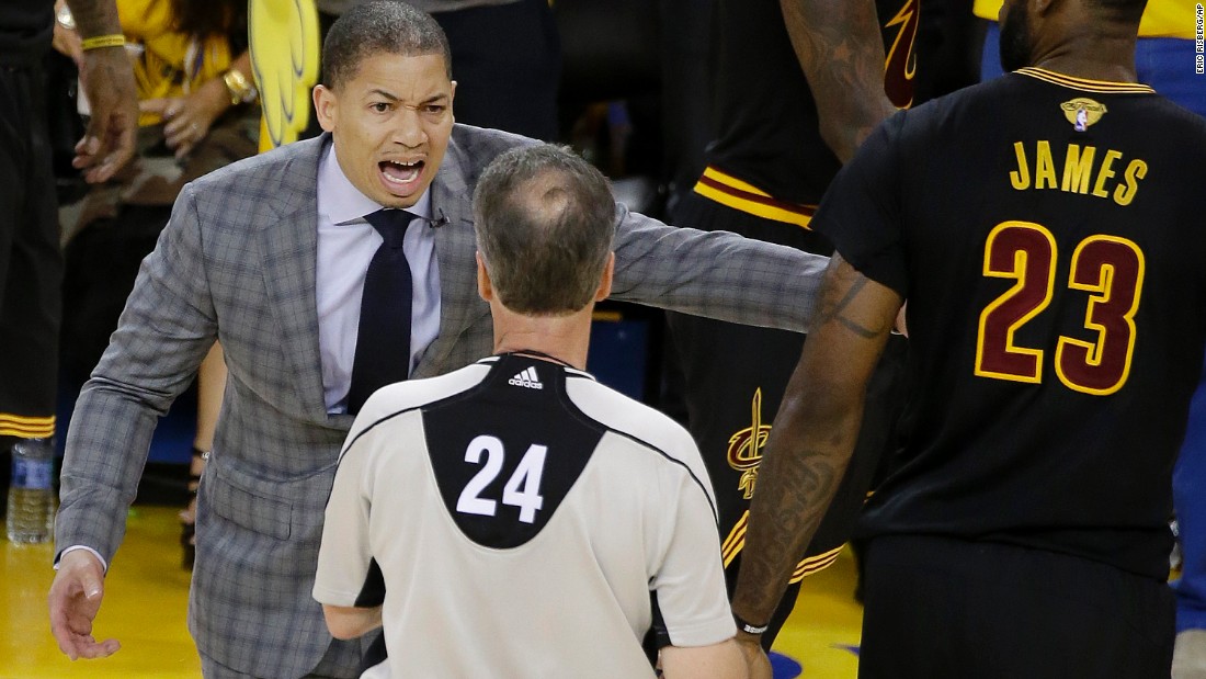 Cleveland head coach Tyronn Lue talks to referee Mike Callahan in the second half. Lue took over the job midseason after David Blatt was fired.