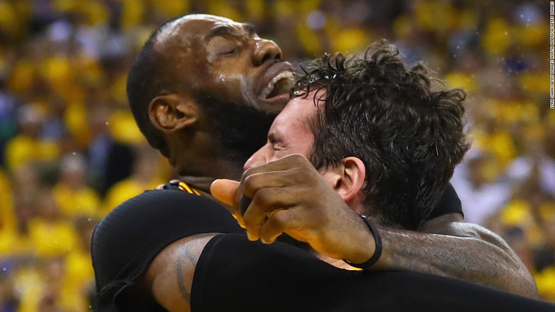 LeBron James, in tears, hugs Kevin Love #0 after the Cleveland Cavaliers defeated the Golden State Warriors 93-89 in Game 7 of the 2016 NBA Finals. James was in tears for the better part of the next half hour as he emotionally conducted post-game interviews. 