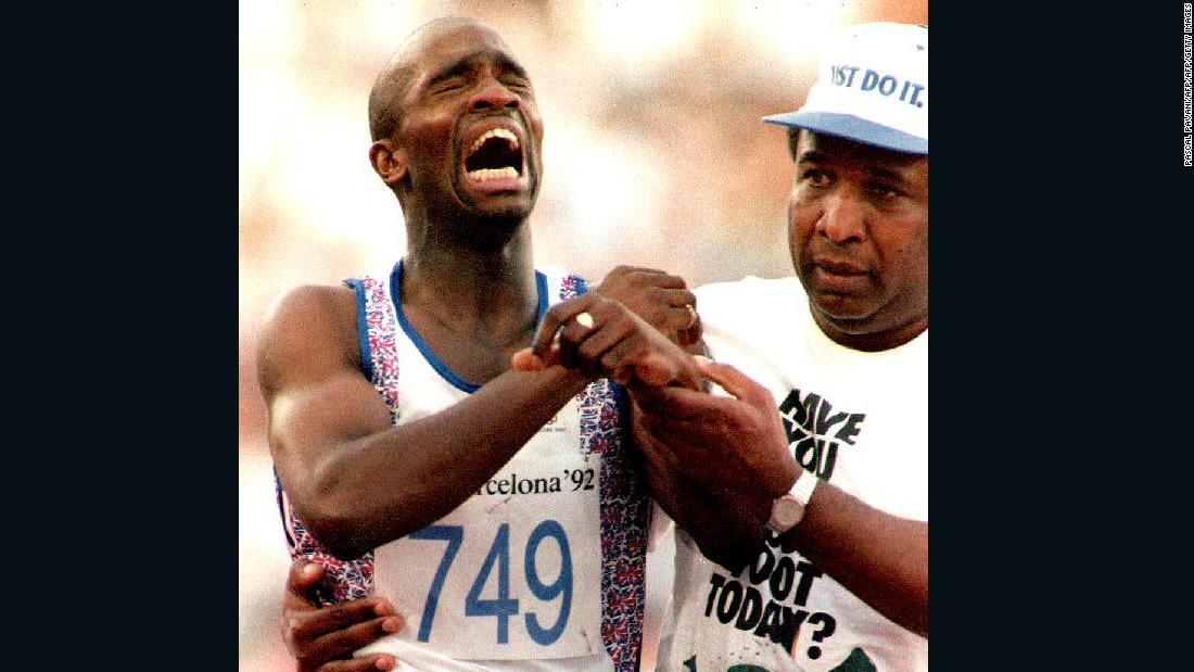 Crying has been a natural reaction for Olympic runners who fall to injury. Derek Redmond (L) of Great Britain limped to the finish line with the help of his father at the 1992 Olympics in Barcelona, Spain after suffering a hamstring injury during a men&#39;s 400-meter run. 