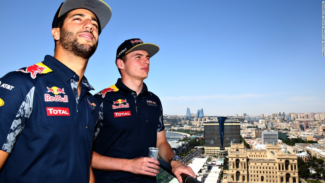 Red Bull drivers Daniel Ricciardo (left) and Max Verstappen (right) regularly use the simulator to sharpen their racing senses and learn new tracks, like the new city center circuit in Azerbaijan capital Baku, shown here.