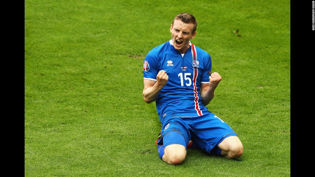 Jon Dadi Bodvarsson celebrates after scoring Iceland&#39;s first goal in the 18th minute.