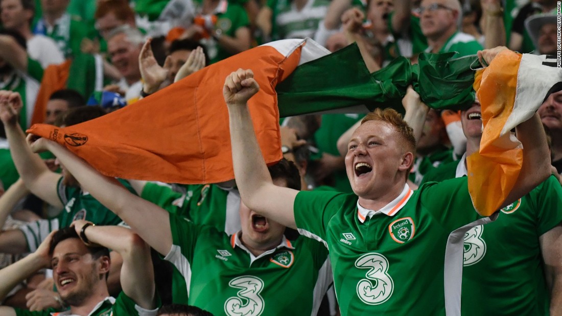 Irish supporters are jubilant following Brady&#39;s crucial goal.