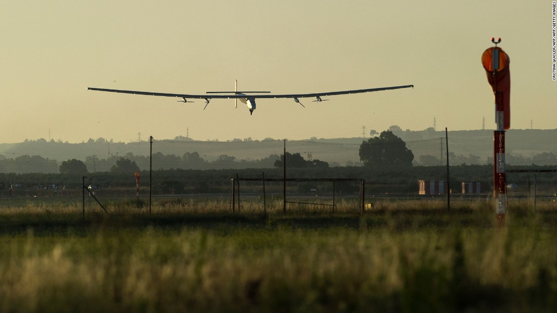 Solar Impulse 2 aircraft lands at Sevilla airport on June 23, 2016, after a 71-hour journey from New York powered only by sunlight.