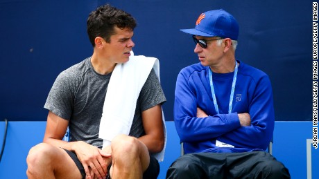 LONDON, ENGLAND - JUNE 19:  Milos Raonic of Canada (L) sits with his coach John McEnroe (R) during a practice session ahead of his final match against Andy Murray of Great Britan during day seven of the Aegon Championships at the Queens Club on June 19, 2016 in London, England.  (Photo by Jordan Mansfield/Getty Images)