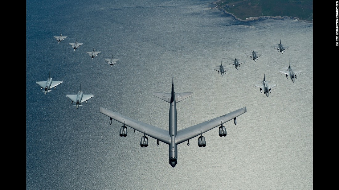 A B-52 Stratofortress leads a formation of fighter aircraft during a training exercise over the Baltic Sea on Thursday, June 9.