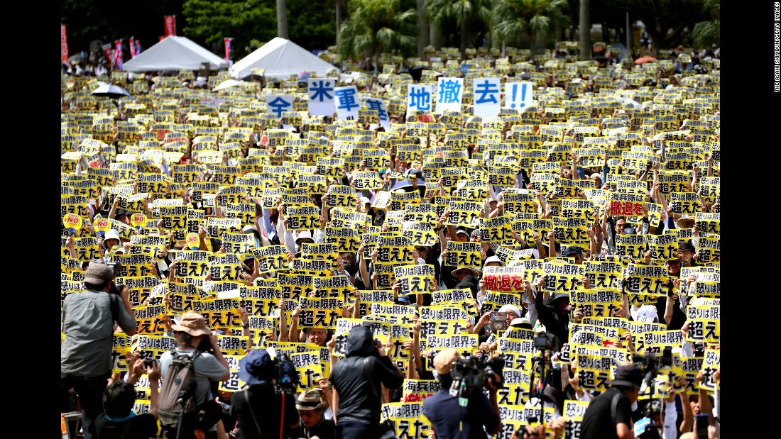 People hold signs that say &quot;anger going beyond limits&quot; during a demonstration in Naha, Japan, on Sunday, June 19. Tens of thousands of people have demanded an end to the United States&#39; military presence on the Japanese island of Okinawa &lt;a href=&quot;http://www.cnn.com/2016/06/20/asia/us-military-base-protests-okinawa/&quot; target=&quot;_blank&quot;&gt;following the killing of a local woman.&lt;/a&gt; Kenneth Franklin Shinzato, a 32-year-old civilian worker who was stationed at the U.S. Kadena Air Base, was arrested on suspicion of murdering the woman.
