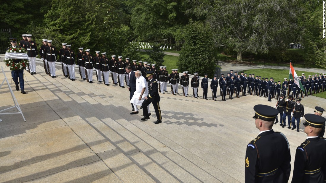 Indian Prime Minister Narendra Modi, in white, arrives for a wreath-laying ceremony at Arlington National Cemetery on Monday, June 6. He is accompanied by U.S. Defense Secretary Ashton Carter and U.S. Army. Maj. Gen. Bradley Becker. Modi &lt;a href=&quot;http://www.cnn.com/2016/06/07/world/gallery/modi-us-visit/index.html&quot; target=&quot;_blank&quot;&gt;was in Washington&lt;/a&gt; for a three-day visit.