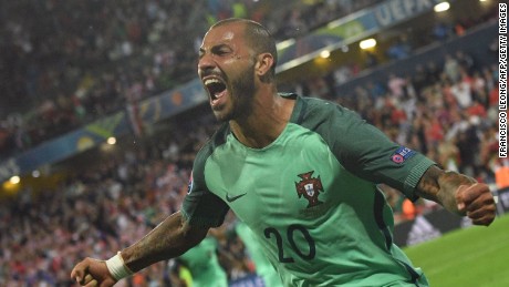 Portugal&#39;s Ricardo Quaresma celebrates after the late winner against Croatia in Lens.