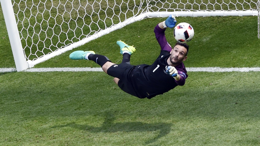 France&#39;s goalkeeper Hugo Lloris jumps for the ball.