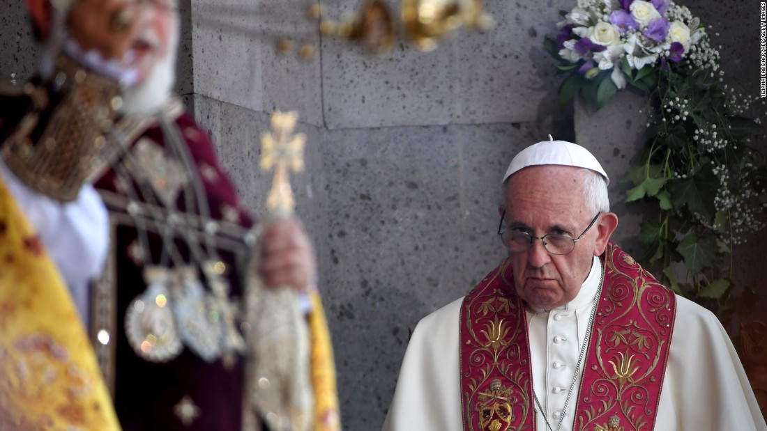 Pope Francis looks on as Catholicos of All Armenians Karekin II celebrates the Divine Liturgy at the Apostolic Cathedral in Etchmiadzin, outside Yerevan, Armenia, on June 26, 2016.