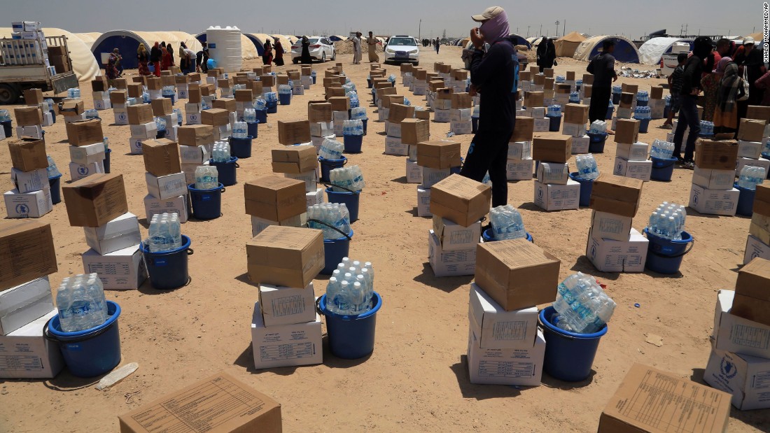 Supplies are lined up at a camp for displaced civilians on Saturday, June 25.