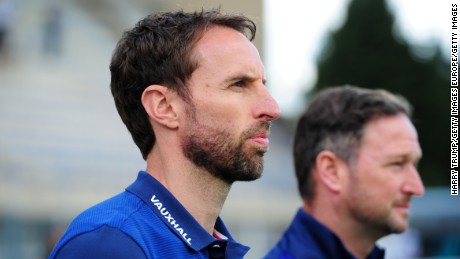 Gareth Southgate (left), England U21 coach during the final of the Toulon Tournament between England and France at Parc Des Sports in Avignon, France.