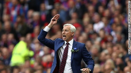 Alan Pardew, manager of Crystal Palace reacts during the FA Cup Final between Manchester United and his Crystal Palace team at Wembley Stadium.