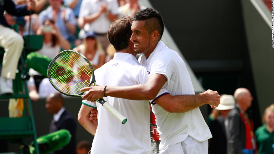 Australian 15th seed Nick Kyrgios showcased both sides of his game with a lobbed &quot;tweener&quot; --  surely a contender for shot of the tournament -- followed by a code violation. Though 37-year-old opponent Radek Stepanek had soccer star Petr Cech cheering him on, Kyrgios -- just 21 -- won in four sets.