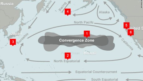 Location and currents of the North Pacific Gyre.