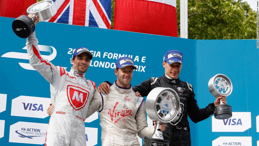 Last year&#39;s top three, Sam Bird (centre), Jerome d&#39;Ambrosio (left) and Loic Duval (right) celebrate on the podium at Battersea Park. Who will be this year&#39;s winner?