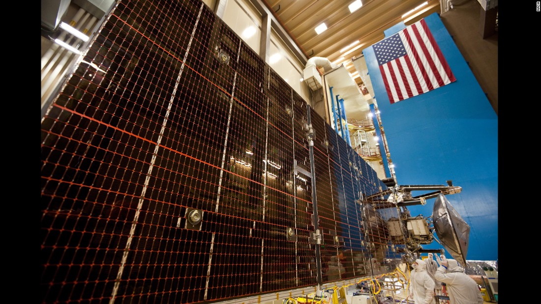 Technicians test the three massive solar arrays that power the Juno spacecraft. In this photo taken February 2, 2011, each solar array is unfurled at a Lockheed Martin Space Systems facility in Denver.