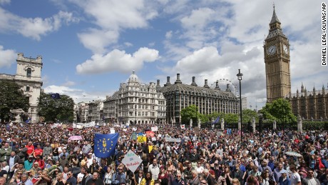 &quot;Remain&quot; supporters demonstrate in Parliament Square, London, to show their support for the European Union in the wake of the referendum decision for Britain to leave the EU, known as &quot;Brexit&quot;, Saturday July 2, 2016. Demonstrators wearing EU flags as capes and with homemade banners saying &quot;Bremain&quot; and &quot;We Love EU&quot; gathered on the streets for the March for Europe rally. At rear right is the Elizabeth Tower containing Big Ben. (Daniel Leal-Olivas/PA via AP)
