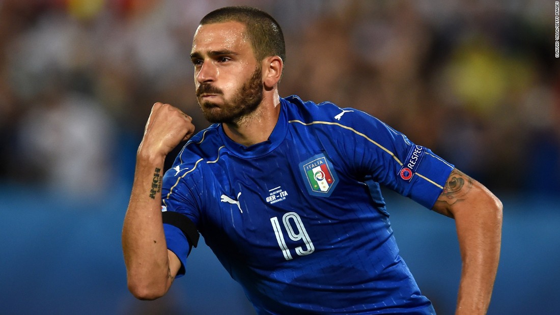 Leonardo Bonucci celebrates scoring Italy&#39;s first goal of the match.