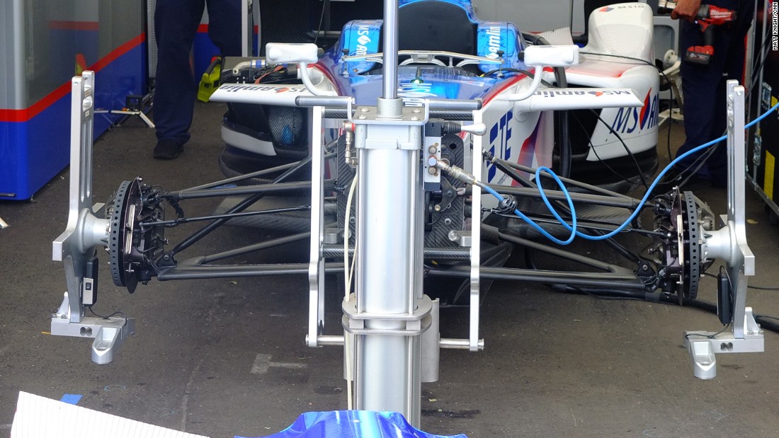 A stripped down Formula E car being prepared for Sunday&#39;s race. 