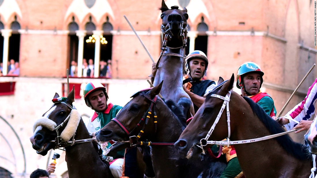 The Palio di Siena horse race takes place twice a year, in July and August, in the central piazza of the Italian city.