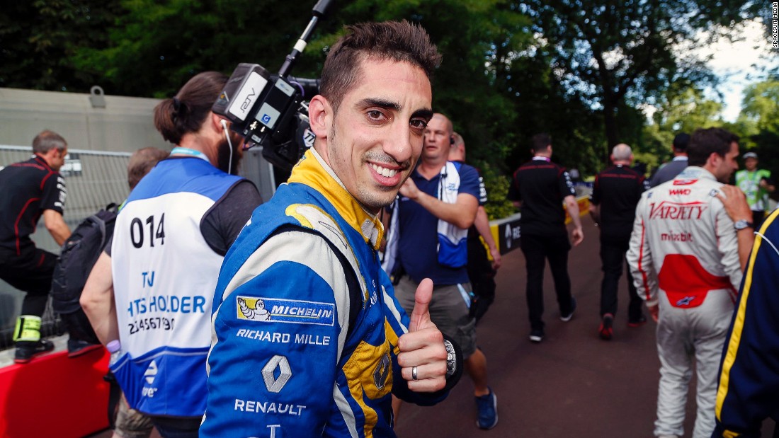 Buemi gives a thumbs up after clinching the world title in London. The Swiss had been trailing di Grassi coming into the final two rounds of the season but sealed the title by recording the fastest lap in the last race picking up the two points he needed to win. 