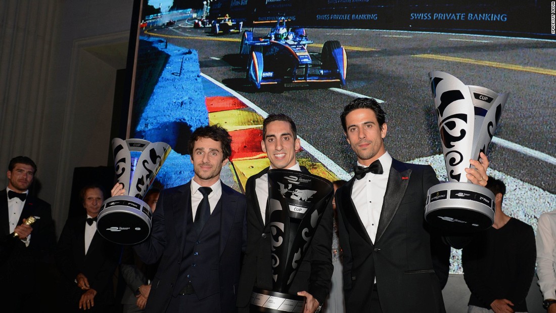 Buemi (center), di Grassi (right) and Prost at the Formula E Awards Gala held at the  British Museum, London on Sunday July 3. 
