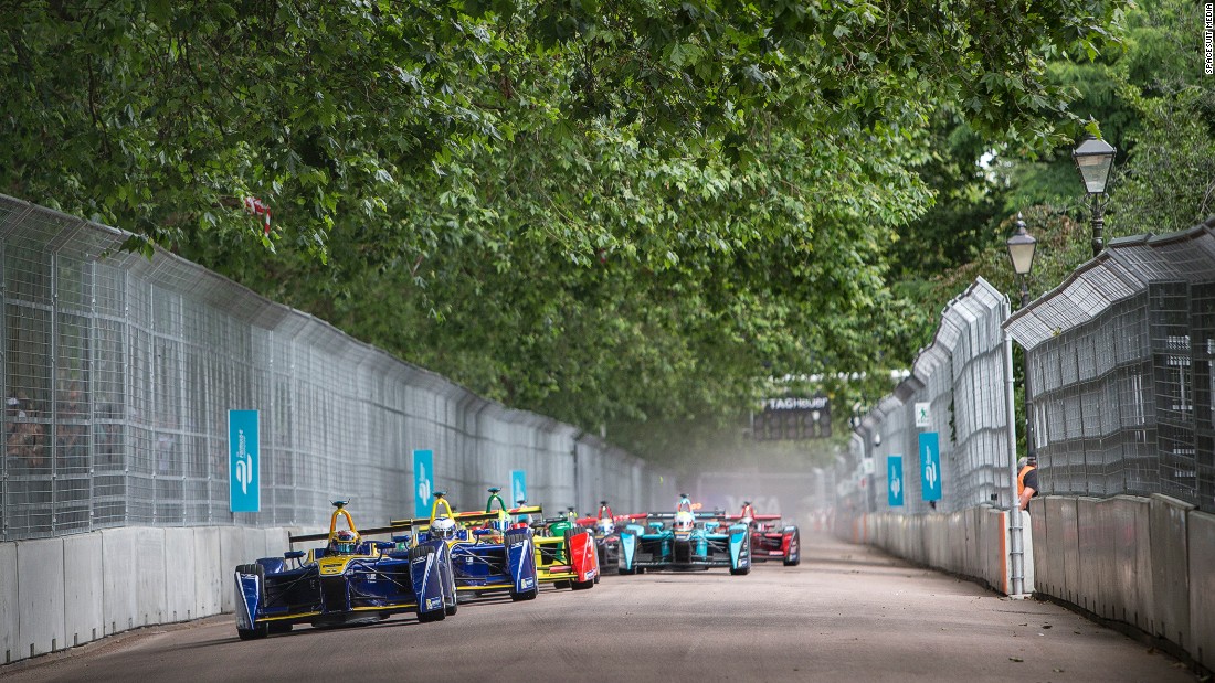 Formula E cars currently have a maximum speed of 140 mph and are powered entirely by electricity.  