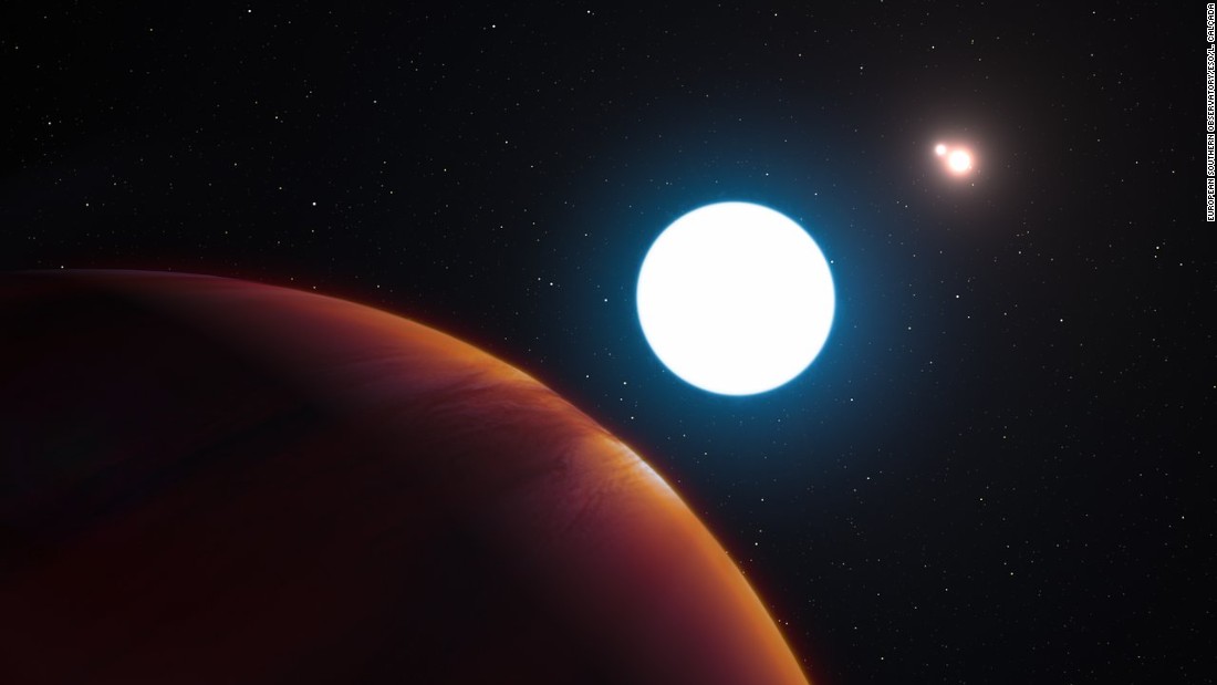 This artist&#39;s impression shows a view of the triple-star system HD 131399 from close to the giant planet orbiting in the system. Located about 320 light-years from Earth, the planet is about 16 million years old, making it also one of the youngest exoplanets discovered to date.