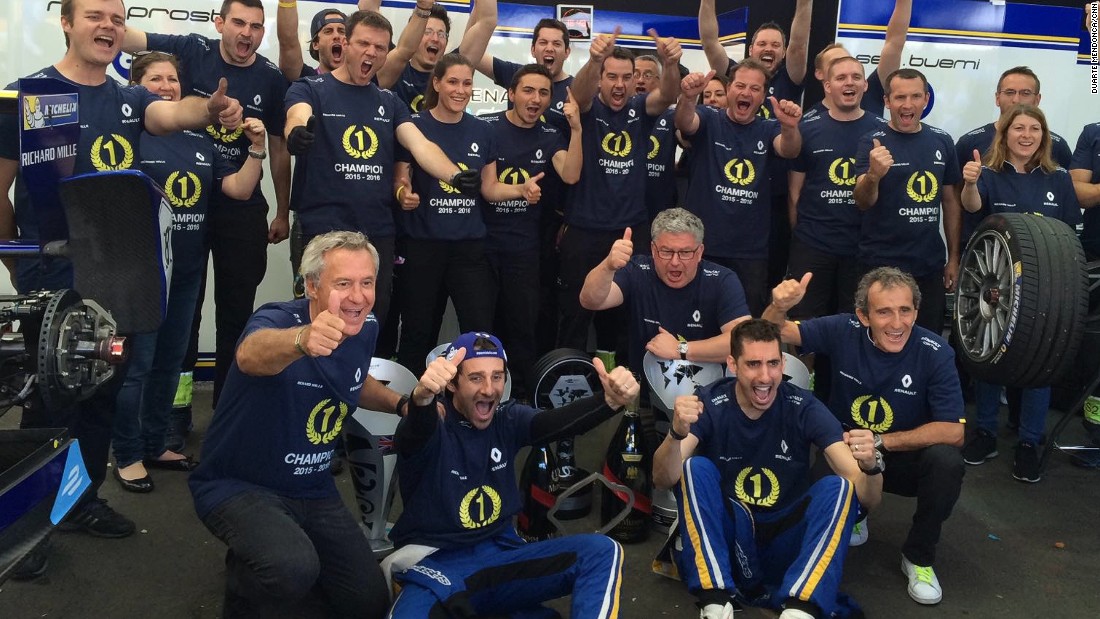 The Renault team celebrating in the pit garage. The French team&#39;s results in London ensured it won the 2015-16 Formula E Constructors&#39; title. 