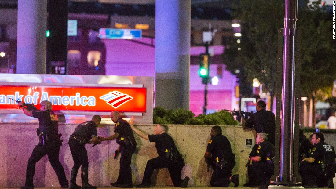 Police respond after shots were fired in downtown Dallas on Thursday, July 7. &lt;a href=&quot;http://www.cnn.com/2016/07/08/us/philando-castile-alton-sterling-protests/index.html&quot; target=&quot;_blank&quot;&gt;Five police officers were fatally shot &lt;/a&gt;during a protest over recent police shootings in Louisiana and Minnesota. Seven other officers were injured in the ambush, as were two civilians.