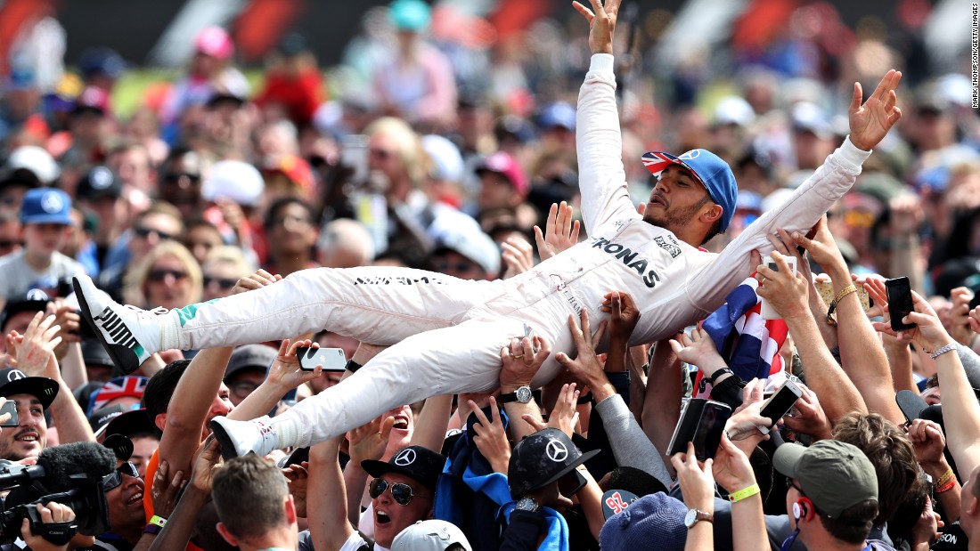 Time for a spot of crowd-surfing after &lt;a href=&quot;http://cnn.com/2016/07/10/motorsport/britishgp-hamilton-rosberg-verstappen/&quot; target=&quot;_blank&quot;&gt;a perfect drive for Hamilton at his home track, Silverstone.&lt;/a&gt; Rosberg was relegated to third after being told how to solve a gearbox problem over the team radio, breaking rules governing in-race communications -- which were subsequently lifted.