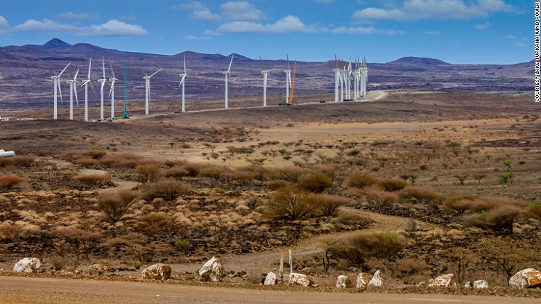 In this file photo taken in 2016 wind turbines of the Lake Turkana Wind Power project (LTWP) are seen in Loiyangalani district, Marsabit County, northern Kenya. 