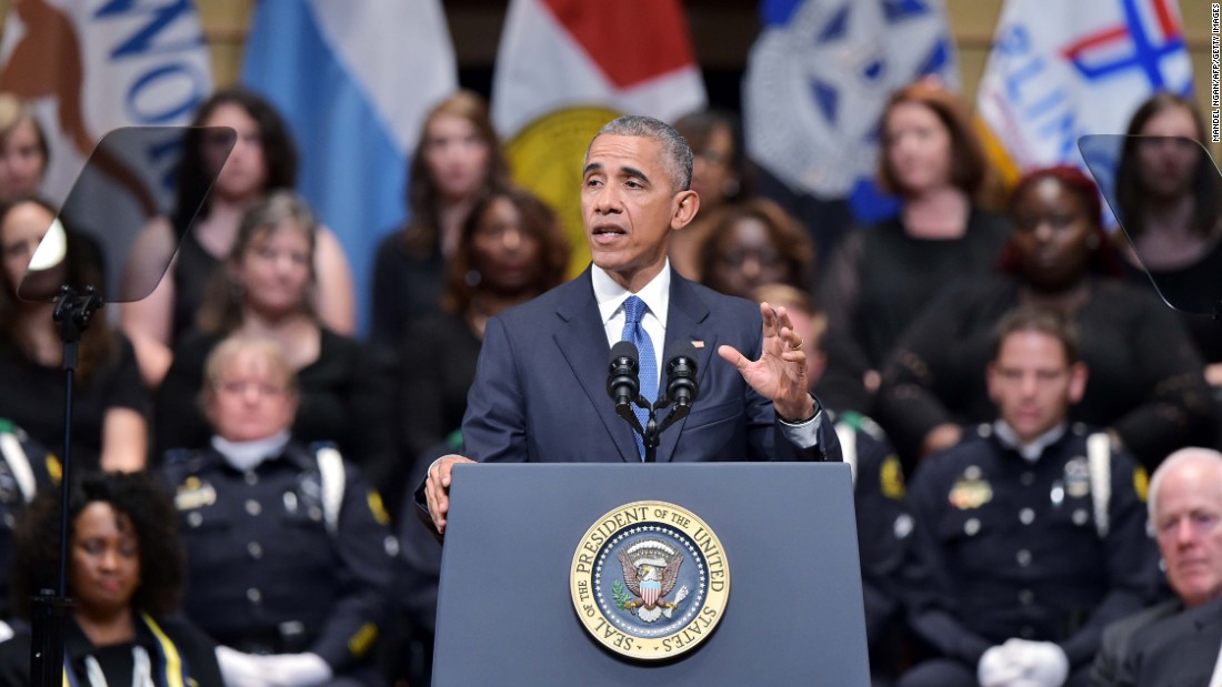 U.S. President Barack Obama speaks during &lt;a href=&quot;http://www.cnn.com/2016/07/12/us/dallas-police-shooting-officers-memorial/index.html&quot; target=&quot;_blank&quot;&gt;an interfaith memorial service&lt;/a&gt; for the victims of the Dallas police shooting on Tuesday, July 12. Obama sought to unify the country during the somber memorial in Dallas for the five police officers slain in a sniper ambush during what had been a peaceful protest. The incident occurred amid a tragic week for the nation that saw Alton Sterling in Louisiana and Philando Castile in Minnesota killed during encounters with police.