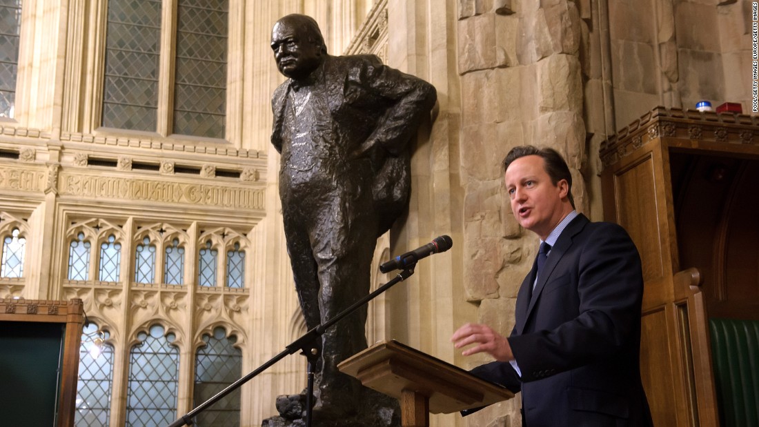 Cameron speaks at a memorial service for Sir Winston Churchill in January 2015, commemorating the 50th Anniversary of his state funeral.