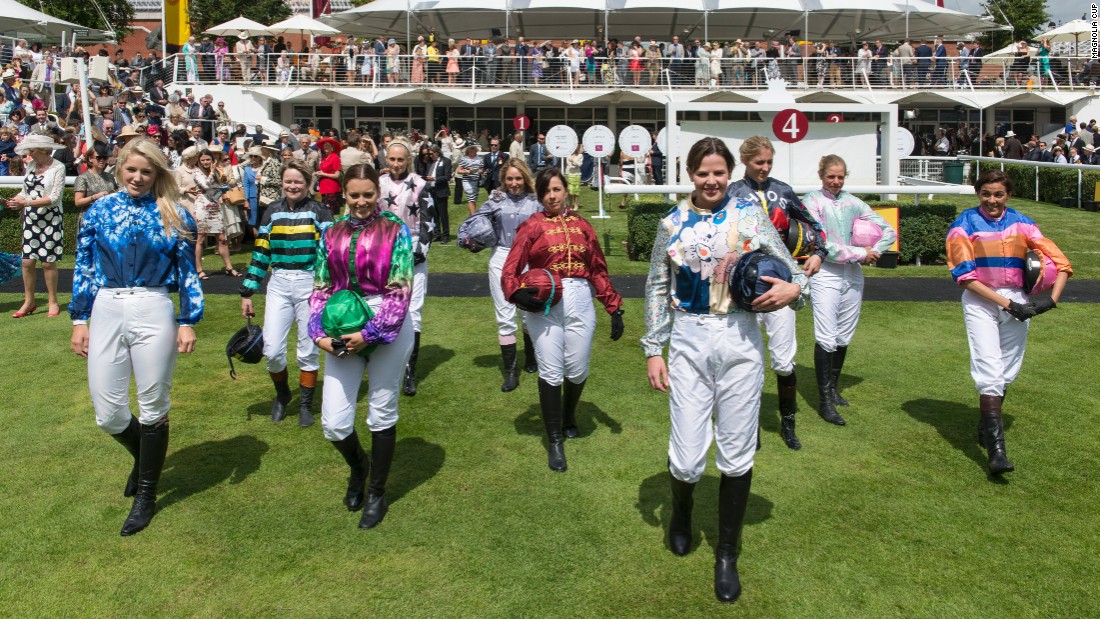 The 10 riders in the 2015 race -- won by sports performance consultant Camilla Henderson -- show off their jockey silks, specially designed by top names such as Vivienne Westwood.