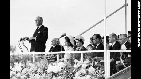 Harold Macmillan gives a speech at the inauguration ceremony of a memorial to John F Kennedy.