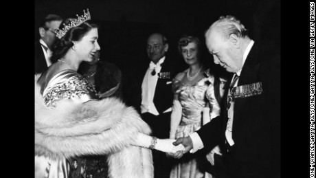 Princess Elizabeth greeting Winston Churchill At Guildhall on March 23, 1950.