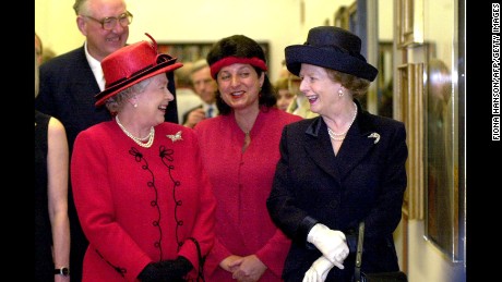The Queen chats with Margaret Thatcher at the National Portrait Gallery in London May 4, 2000.