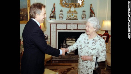 The Queen receives British Prime Minister Tony Blair May 6, 2005, at Buckingham Palace.