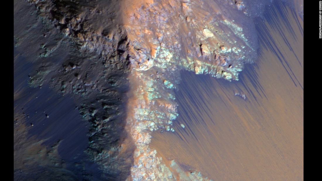 Recurring slope lineae (RSL) on Mars are seasonally abundant along the steep slopes of ancient bedrock in the Valles Marineris canyon region. Here, the RSL are depicted as bright fans that extend down the slopes. &lt;br /&gt;