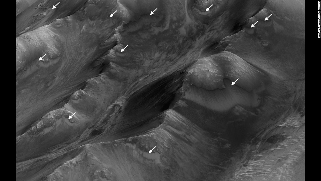 Based on a new study of RSL, the white arrows on this image show the largest concentration of the seasonal streaks in the Coprates Montes area of the canyon. 