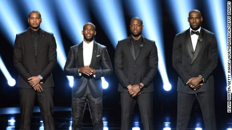 LeBron James (far right) with (L-R) Carmelo Anthony, Chris Paul and Dwyane Wade at July&#39;s ESPY awards.